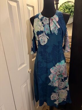 Maeve Teal Floral Cold-Shoulder Midi Dress